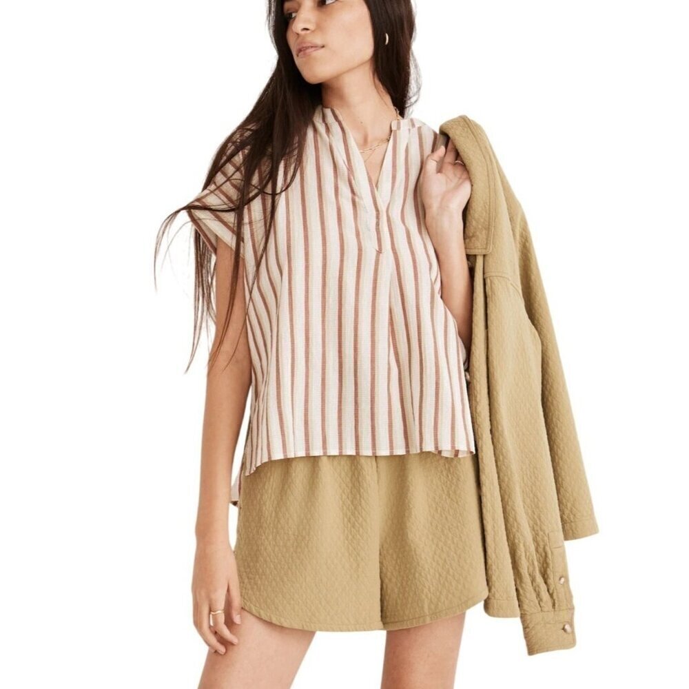 Madewell Crinkle Cotton Lakeline Popover Shirt Stripe S Beige Short Sleeve NWOT